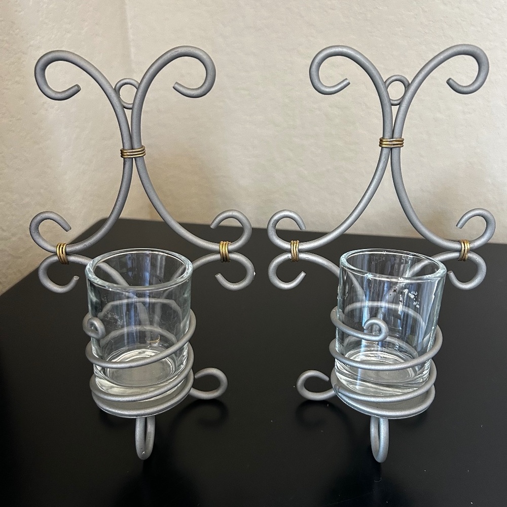 Wall Sconces with Glass Votive Candle Holder Silver Tone Metal ( Set of 2) NWOT